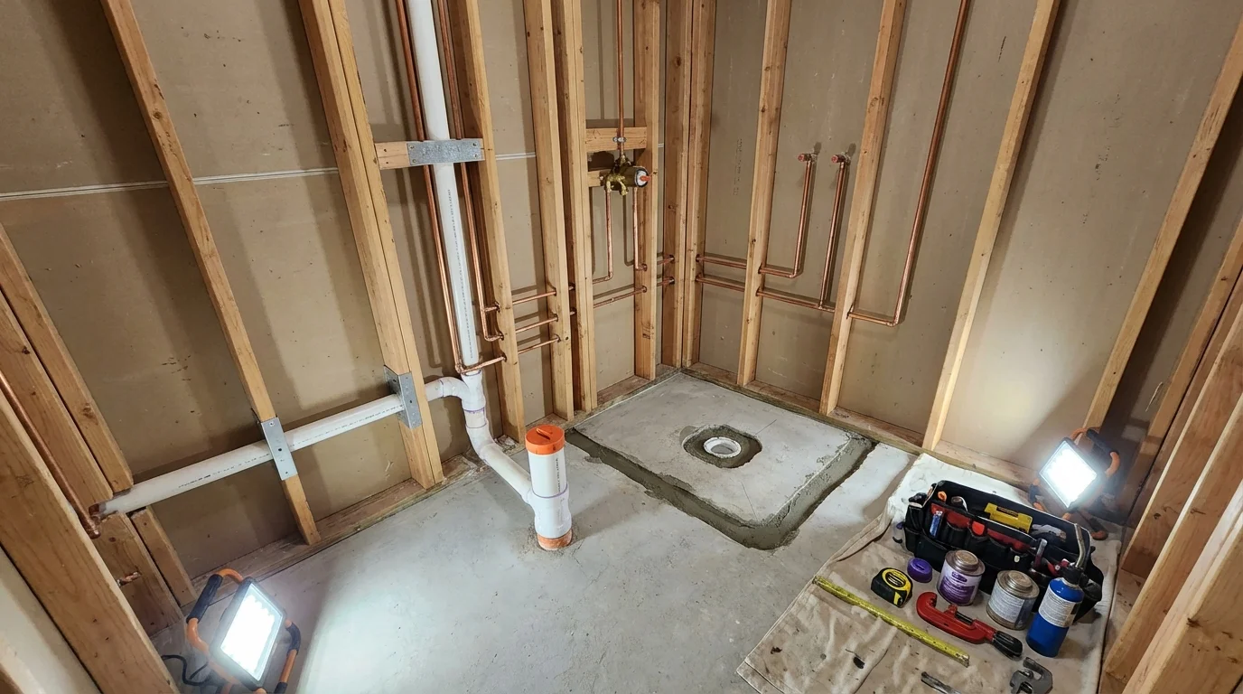Bathroom rough-in plumbing during remodel by Johns Plumbing LLC in Mukilteo