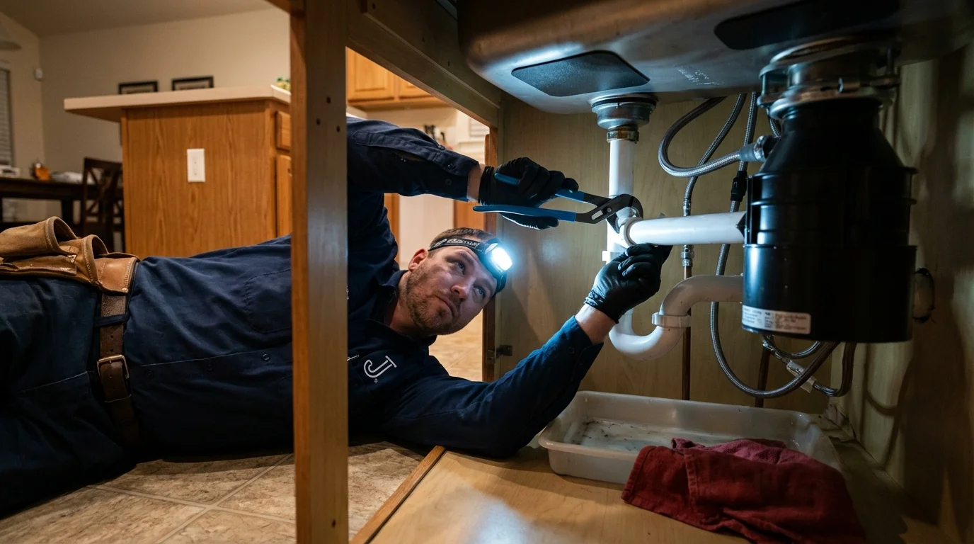P-trap and supply line connections under a kitchen sink showing a common leak point in Mukilteo, WA